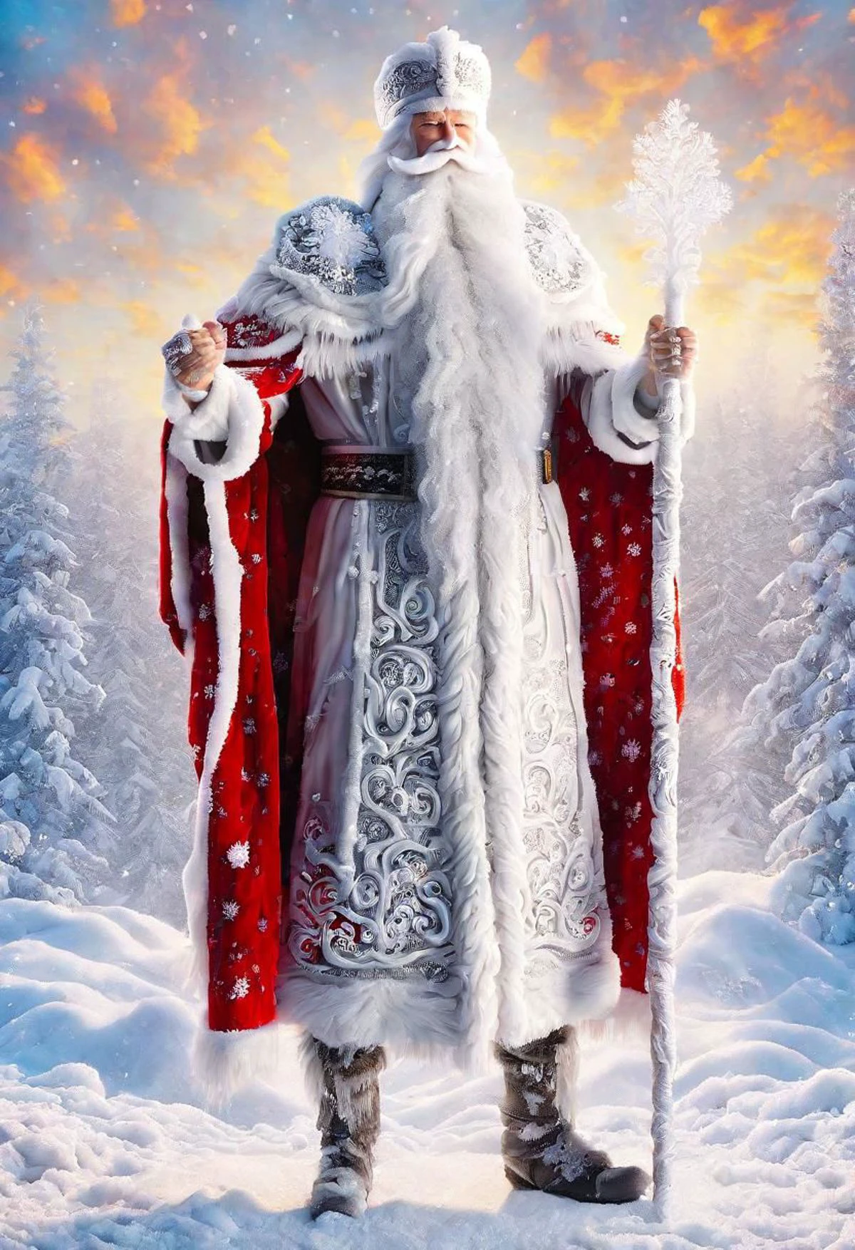 ((best quality)), ((masterpiece)), detailed soft oil painting, detailed background, soft edge lighting, professional, ultra quality, 4k,(masteriece, best quality, 8k, ultra highres, highres:1.4), extremely detailed,
((a strong man of 60 years old with a long snow-white beard in the image of Russian, slavic Ded Moroz))
(standing:2) (full body photo:2) in the snowy forest,
stands in a snowy forest among snow-covered fir trees,
in a white fur coat trimmed with swan down or sable fur, embroidered with traditional Russian ornaments in silver - stars, crosses, geese, drawing in the style of oil painting, medium brush strokes, khokhloma style, slavic style,
On the head is a traditional white warm boyar hat in the shape of a semi-oval, decorated with traditional Russian silver and pearl embroidery, trimmed with swan's down.
on her hands are huge white three-fingered mittens, decorated with traditional Russian silver embroidery.
The fur coat is tied with a white sash, embroidered with traditional Russian patterns.
On his feet are exclusively white felt boots embroidered with silver.
(((With his right hand he holds a long magical crystal staff with a twisted handle. The staff is decorated with a moon and a bull's head))).
looks at the viewer, cheerful calm kind look, kind smile, cheeks red from frost,
winter, a bright sunny frosty day, fluffy Christmas trees in snow, snow sparkles under the rays of the sun,
by Viktor Vasnetsov, by Vasily Surikov