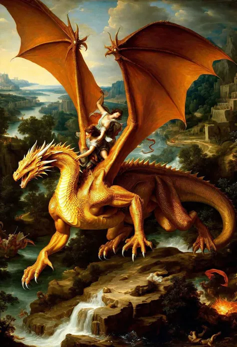 oil painting of icrs, fighting a dragon, best quality, best lighting, best composition, masterpiece, intricate details, fine details, melted wings, renaissance