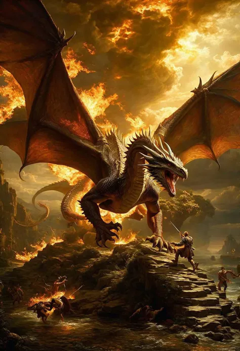 oil painting of icrs, fighting a dragon, best quality, best lighting, best composition, masterpiece, intricate details, fine details, melted wings, renaissance