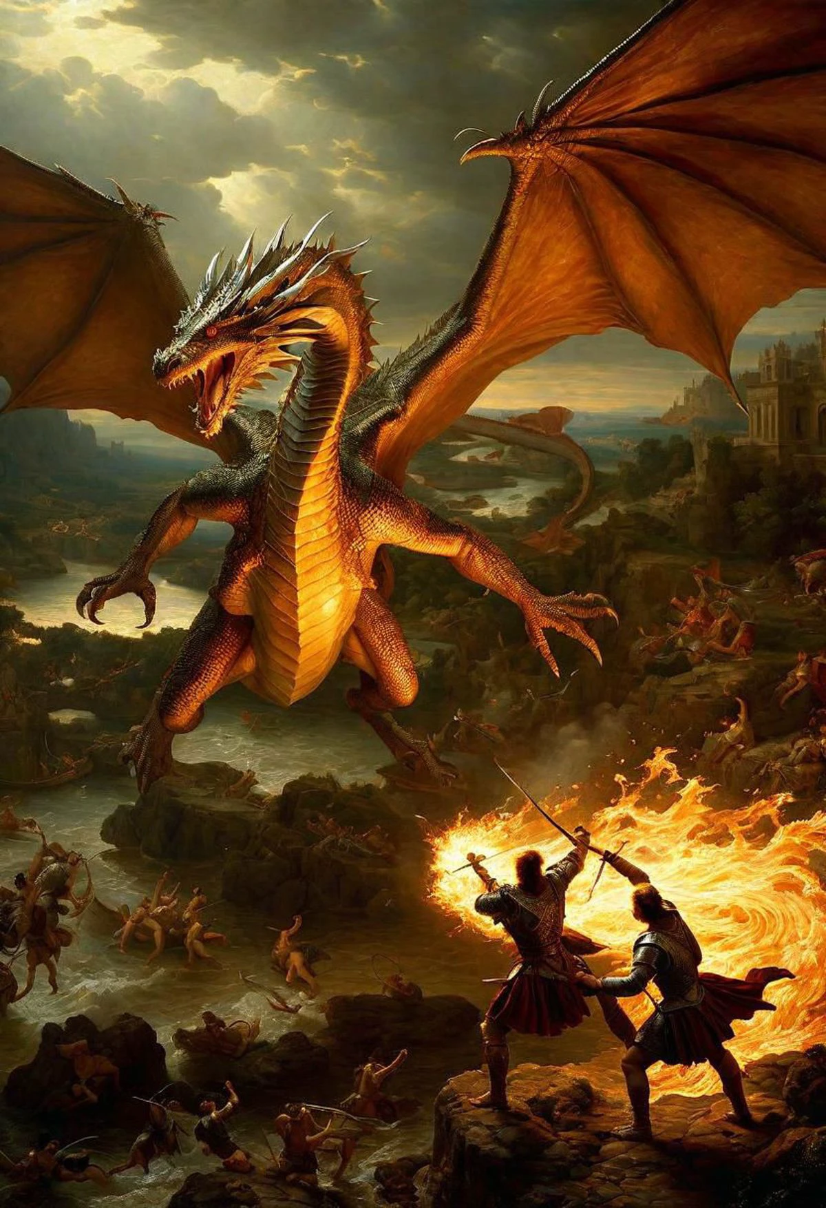 oil painting of icrs, fighting a dragon, best quality, best lighting, best composition, masterpiece, intricate details, fine details, melted wings, renaissance