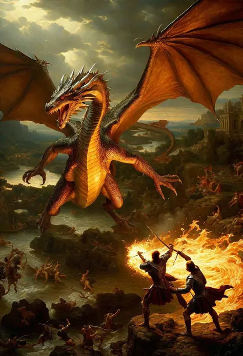 oil painting of icrs, fighting a dragon, best quality, best lighting, best composition, masterpiece, intricate details, fine details, melted wings, renaissance