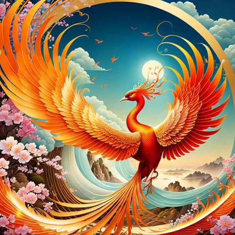 (oil_painting),painting art,cinematic photo official art,chinese fairy tales,beautiful and aesthetic,masterpiece,best quality,fractal art:1.3,chinese fairy tales,(the great ultimate),PHOENIX,(((((((a flaming phoenix))))))),streaming musical notes visible,film,professional,4k,highly detailed,psychedelic,<lora:phoenix_v1.0:1.3>,ultra detailed,complementary color tone,<lora:Zenpainting l ç¦
ææç»:1>,Flat and Zen Chinese Illustration style