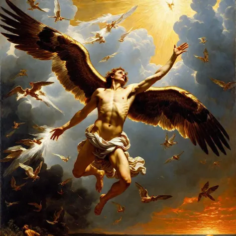 oil painting of icrs, Icarus falling from the sky, best quality, best lighting, best composition, masterpiece, intricate details, fine details, melted wings, renaissance