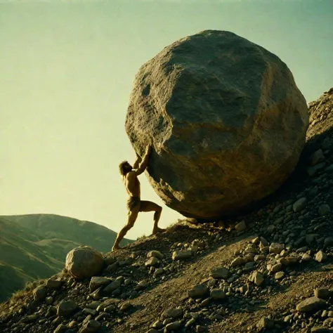hyperrealistic photograph of sphs pushing his boulder, Sisyphus man pushing a massive rock up a hill, sisyphustone, toiljoy, manpushrock, best quality, best lighting, best composition, masterpiece, intricate details, fine details, film grain, Fujifilm, mythology