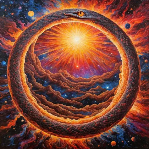 oil painting of ((rbrs)), ((ouroboros)), best quality, best lighting, best composition, masterpiece, intricate details, fine details, highres, cosmic, psychedelic