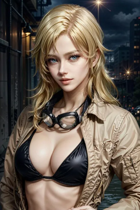 (masterpiece, best quality:1.3)
<lora:epi_noiseoffset2:1> <lora:add_detail:0.7> <lora:EvaMetalGearSolid:0.8>
EvaMetalGearSolid, 1girl, solo, long hair, breasts, looking at viewer, blue eyes, blonde hair, cleavage, medium breasts, jacket, swimsuit, upper body, bikini, open clothes, lips, black bikini, goggles, bikini top only, realistic, goggles around neck