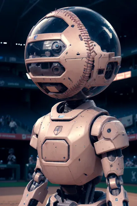 <lora:Hardsurfacev1:0.8> hard surface, <lora:Droid V2:0.5> robot, mecha, catching a home run ball at a baseball game and throwing it back, A vast desert landscape dotted with futuristic domed cities and advanced technology,