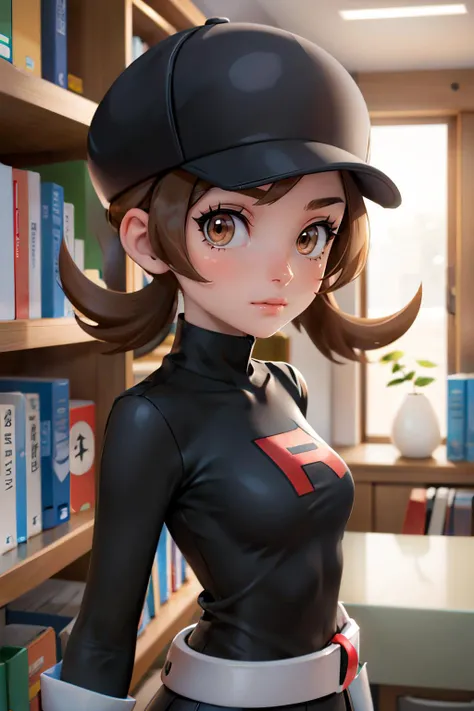 lyra,brown eyes, brown hair, hat, team rocket uniform, black skirt, black shirt, white gloves, looking at viewer, serious, standing, upper body shot,inside library, bookshelves, high quality, masterpiece, <lora:Lyra:.8>