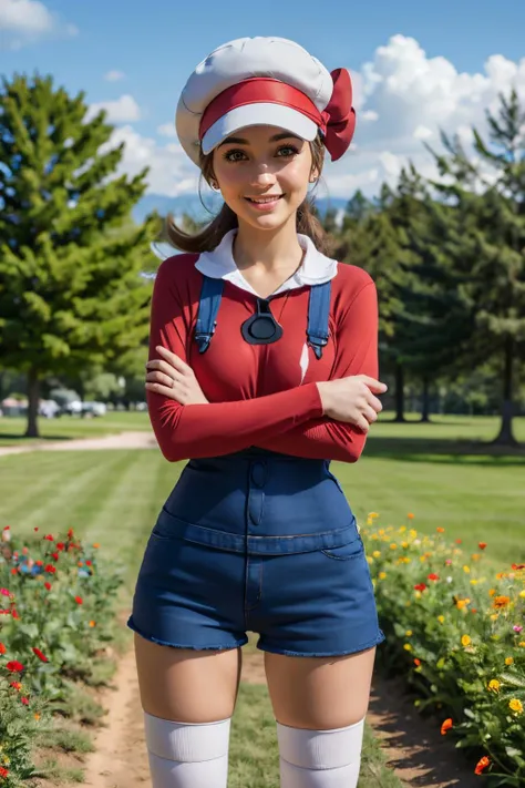 lyra,brown eyes, brown hair, red shirt, denim shorts, overalls, white thighhighs, cabbie hat, bow, looking at viewer, smiling, standing, arms crossed, outside, field, flowers, trees, blue sky, high quality, masterpiece, <lora:Lyra:.8>