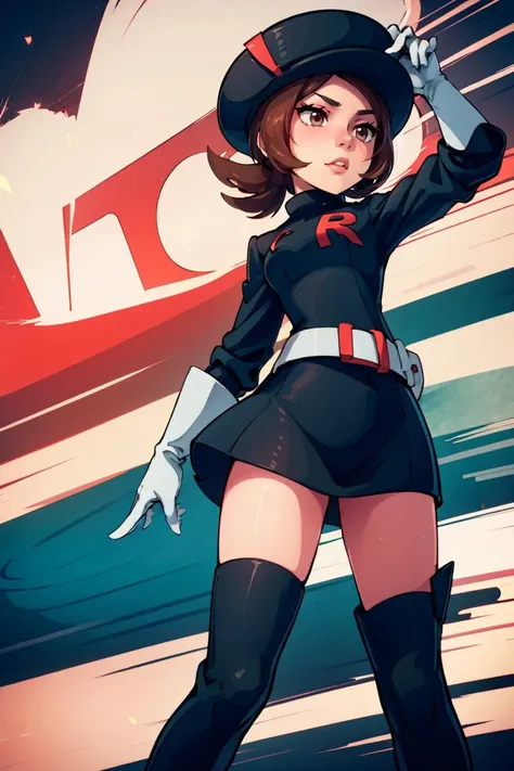 ((masterpiece, best quality)),   <lora:LyraRocketV2:0.7>, lyra \(pokemon\), team rocket, team rocket uniform, black dress, long sleeves, white belt, white gloves, elbow gloves, white thigh boots, black headwear