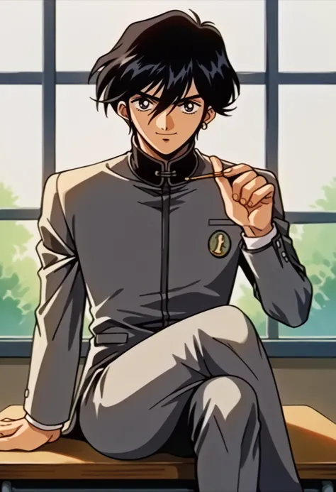 score_9, score_8_up, score_7_up, source_anime, BREAK solo, 1boy, <lora:Naoya-pdxl_Fp:1>, naoyap1, school uniform, grey pants, single earring, emblem, smile, hair between eyes, black hair, bangs, <lora:FeOva-pdxl_Fp:1>, retro artstyle, sitting on desk, classroom, crossed legs, looking at viewer,