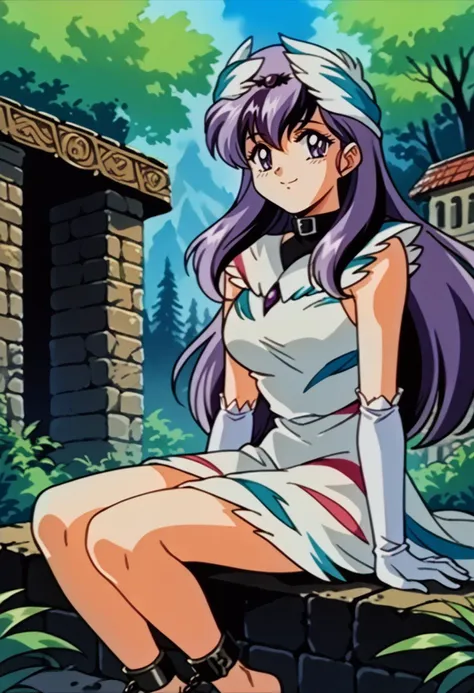 score_9, score_8_up, score_7_up, source_anime, BREAK solo, 1girl, smile, <lora:VeyleFE-pdxl:1>, defVeyl, purple eyes, long hair, multicolored hair, feather hair ornament, choker, white elbow gloves, feather dress, sleeveless, ankle cuffs, barefoot, <lora:FeOva-pdxl_Fp:1>, retro artstyle,  sitting, outdoors, ruins, forest, night, town,