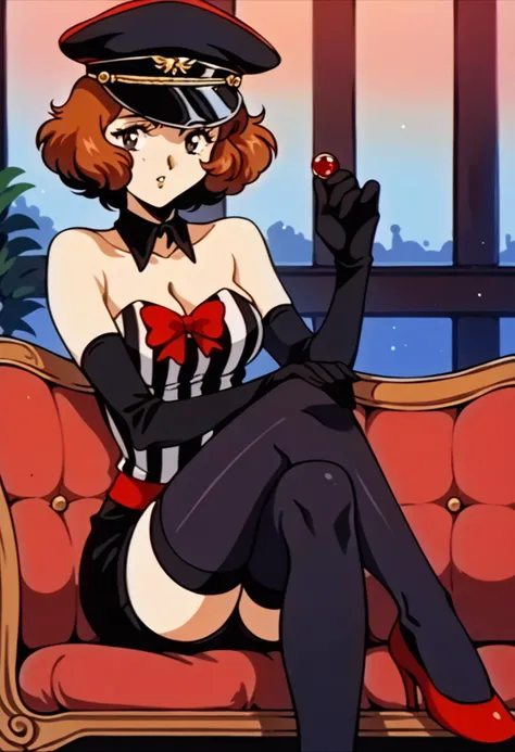 score_9, score_8_up, score_7_up, source_anime, solo, 1girl, sitting, looking at viewer, parted lips, crossed legs, leaning forward, head on hand, BREAK <lora:HaruP5-pdxl:1> lsHaru, short hair, peaked cap, detached collar, bare shoulders, strapless, striped bodice, cleavage, red bow, black elbow gloves, black short shorts, black thighhighs, bow legwear, red high heels, <lora:FeOva-pdxl_Fp:1.0>, retro artstyle, indoors, casino