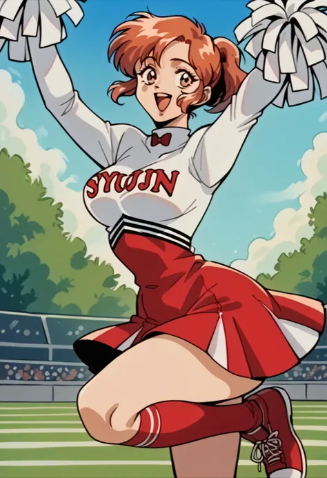score_9, score_8_up, score_7_up, source_anime, solo, 1girl, cowboy shot, looking at viewer, cheering, open mouth, smile, BREAK <lora:HaruP5-pdxl:1> chrHaru, short hair, ponytail, cheerleader, red bowtie, clothes writing, red socks, kneehighs, red sneakers <lora:FeOva-pdxl_Fp:0.85>, retro artstyle, outdoors
