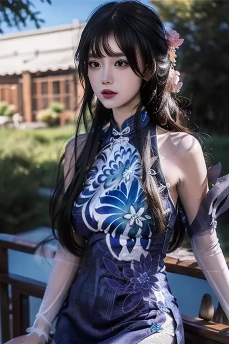 ltra-detailed,highly detailed,best quality,masterpiece,illustration,realistic,photorealistic,
1girl, solo,
yinziping, lantingyue, chinese clothes, china dress,qipao,blue dress, bare shoulders, detached sleeves, floral print, sleeveless dress, see-through, covered navel,
black hair, long hair, bangs, hair bun, hair ornament,
cowboy shot, looking at viewer,
photo background, outdoors, flower,grass, tress ribbon,
<lora:yinziping lantingyue_v2_06:0.9>