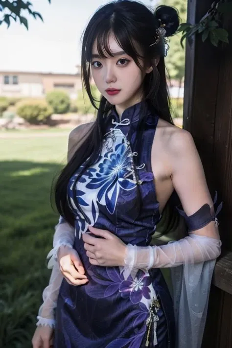 ltra-detailed,highly detailed,best quality,masterpiece,illustration,realistic,photorealistic,
1girl, solo, 
yinziping, lantingyue, chinese clothes, china dress,qipao,blue dress, bare shoulders, detached sleeves, floral print, sleeveless dress, see-through, covered navel, 
black hair, long hair, bangs, hair bun, hair ornament, 
cowboy shot, looking at viewer, 
photo background, outdoors, flower,grass, tress ribbon, 
<lora:yinziping lantingyue_v2_06:0.6>