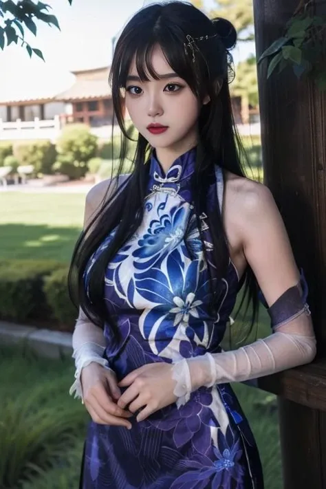 ltra-detailed,highly detailed,best quality,masterpiece,illustration,realistic,photorealistic,
1girl, solo,
yinziping, lantingyue, chinese clothes, china dress,qipao,blue dress, bare shoulders, detached sleeves, floral print, sleeveless dress, see-through, covered navel,
black hair, long hair, bangs, hair bun, hair ornament,
cowboy shot, looking at viewer,
photo background, outdoors, flower,grass, tress ribbon,
<lora:yinziping lantingyue_v2_06:0.7>