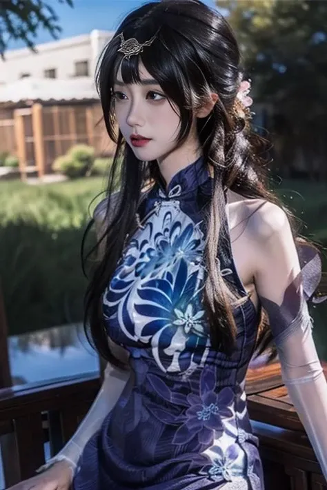 ltra-detailed,highly detailed,best quality,masterpiece,illustration,realistic,photorealistic,
1girl, solo,
yinziping, lantingyue, chinese clothes, china dress,qipao,blue dress, bare shoulders, detached sleeves, floral print, sleeveless dress, see-through, covered navel,
black hair, long hair, bangs, hair bun, hair ornament,
cowboy shot, looking at viewer,
photo background, outdoors, flower,grass, tress ribbon,
<lora:yinziping lantingyue_v2_06:1.0>