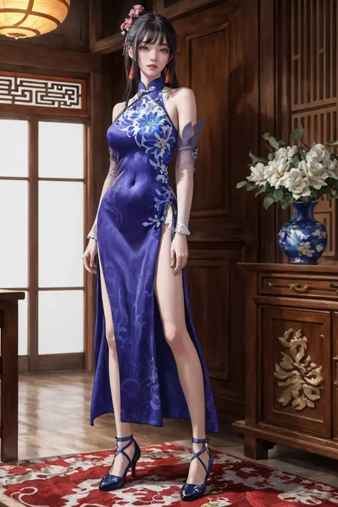 highres,absurdres,masterpiece,best quality,original,extremely detailed CG,extremely detailed wallpaper,perfect lighting,standing on the stage,looking at viewer,blurry background,bare hands,1girl,
<lora:yinziping lantingyue_20240128022504:0.6>, yinziping,lantingyue,chinese clothes,china dress,qipao,blue dress,bare shoulders,detached sleeves,floral print,sleeveless dress,see-through,covered navel,