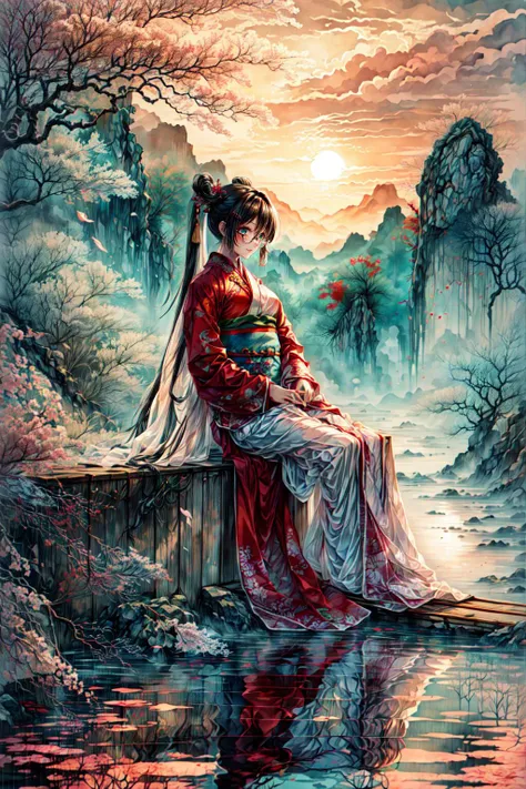 <lora:long raft with_20231225022006:0.85>, (long raft with):1.2, alluring smile, soft light, light on face, sexy posture, cinematic lighting,
BREAK((solo, 1woman, adorable, cute , clear face), (full body:1.35), dynamic angle, detailed shadow, detailed lightning, (wide view, wide-angle lens)),
BREAK(( hair ornament, (Chinese clothes, Chinese dress, hanfu, long sleeves , a woman wearing a sliver glasses):1.15)),
BREAK(perfect(anatomy,body,face,hand,leg,foot,finger),(aqua eyes, (multicolor light sliver black hairs), very long hairs, drill hair):1.2, cleavage),
BREAK(beautiful detailed woman, glossy pink lips, (milky skin, shiny skin):1.2, makeup, blush,eyeliner, eyeshadow, eyelashes,)
BREAK(<lora:more_details:0.75>, extremely detailed, CG, 8k Amazing, finely detail, (masterpiece:2.0, best quality), (intricate details, depth of field)),
BREAK((<lora:uber_saggy2:0.6>, saggy, sagging_breasts, gigantic breasts)),
outdoors, sitting, river , facing away, scenery, mountain, sky , cloudy ,