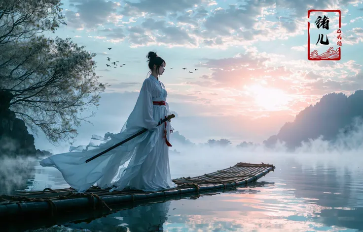 ((masterpiece))), (((best quality))), ((super detailed)), (highly detailed computer illustration), ((extremely delicate and beautiful)),  long raft with,
1girl, weapon, solo, sword, bird, hair bun, tree, sheath, sky, outdoors, cloud, single hair bun, scenery, sheathed, sash, water, reflection, standing, wide sleeves, black hair, chinese clothes, lake, long sleeves, moun,
(Real waterRealistic waterflowing water:1.0)ripples
<lora:~Q?-z{O long raft with:0.8>