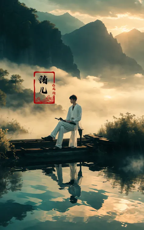 ((masterpiece))), (((best quality))), ((super detailed)), (highly detailed computer illustration), ((extremely delicate and beautiful)),cinematic light,
long raft withsolo, black hair, 1boy, sitting, male focus, long raft with, crossed legs, fog, outdoors, mountain, reflection, white pants, sky, cloud,
<lora:~Q?-z{O long raft with:0.7>