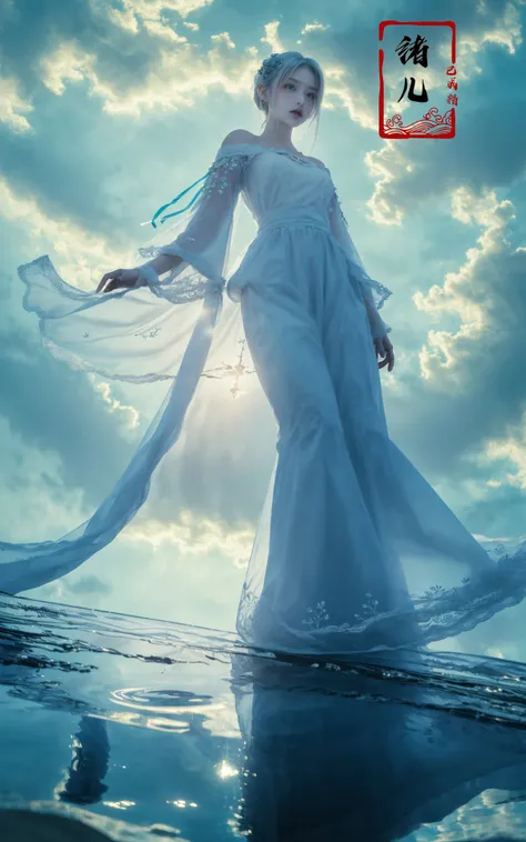 ((masterpiece))), (((best quality))), ((super detailed)), (highly detailed computer illustration), ((extremely delicate and beautiful)),cinematic light, Dynamic Angle, Perspective, High Point,pov(from below:1.4),
1girl, solo, white hair, hair ornament, wide sleeves,  fog, outdoors, reflection, white pants, sky, cloud, blue, green, cyan,
<lora:~Q?-z{O long raft with:0.8>