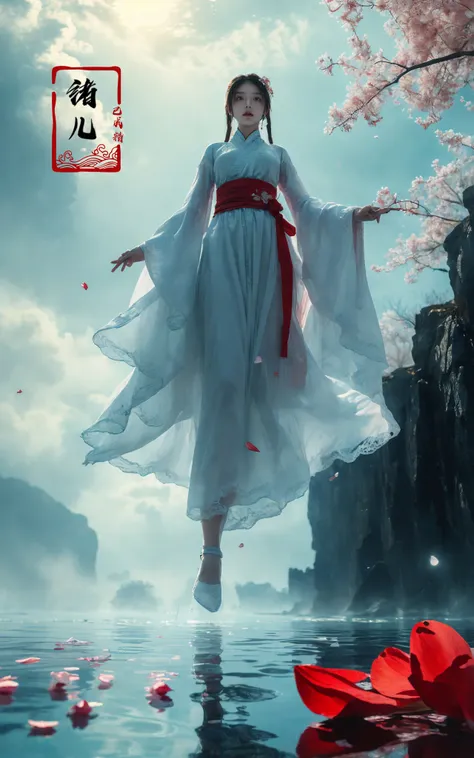 ((masterpiece))), (((best quality))), ((super detailed)), (highly detailed computer illustration), ((extremely delicate and beautiful)),cinematic light, Dynamic Angle, Perspective, High Point,pov (from below:1.4),
1girl, solo, white hair, hair ornament, wide sleeves,  fog, outdoors, reflection, white pants, sky, cloud, blue, green, cyan, long raft with,  (Real waterRealistic waterflowing water:1.1)ripplessheath, holding,
A shot with tension(sky glows red,Visual impact,giving the poster a dynamic and visually striking appearance:1.2),Chinese Zen style,impactful picture,  (Scattered petal:1.5)
<lora:~Q?-z{O long raft with:0.8>absurdly long hair,
