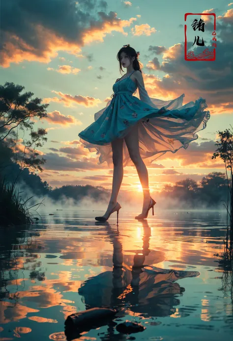 ((masterpiece))), (((best quality))), ((super detailed)), (highly detailed computer illustration), ((extremely delicate and beautiful)),cinematic light, Dynamic Angle, Perspective, High Point,pov
long raft with,1girl, solo, fog, outdoors, reflection, white pants, sky, cloud, blue, green, cyan,
She stands confidently in the center of the poster, wearing a stylish and edgy outfit, with a determined expression on her face,   The background is dark and gritty, with a sense of danger and intensity, The text is bold and attention-grabbing, with a catchy tagline that adds to the overall feeling of drama and excitement
(blonde hair:1.1)Sundress,
<lora:~Q?-z{O long raft with:0.8>