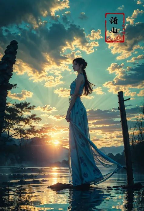 ((masterpiece))), (((best quality))), ((super detailed)), (highly detailed computer illustration), ((extremely delicate and beautiful)),cinematic light, Dynamic Angle, Perspective, High Point,pov
long raft with,1girl, solo, fog, outdoors, reflection, white pants, sky, cloud, blue, green, cyan,
portrait of 1girl by Bill Henson,depressed,tears,streaming tears,ruins,shadows,dramatic lighting,sunset,(full body:0.1),
contemporary,dark,expressionism,dystopia,industrial,  Phantom light
(blonde hair:1.1)Boho-chic maxi skirt with prints,
<lora:~Q?-z{O long raft with:0.8>