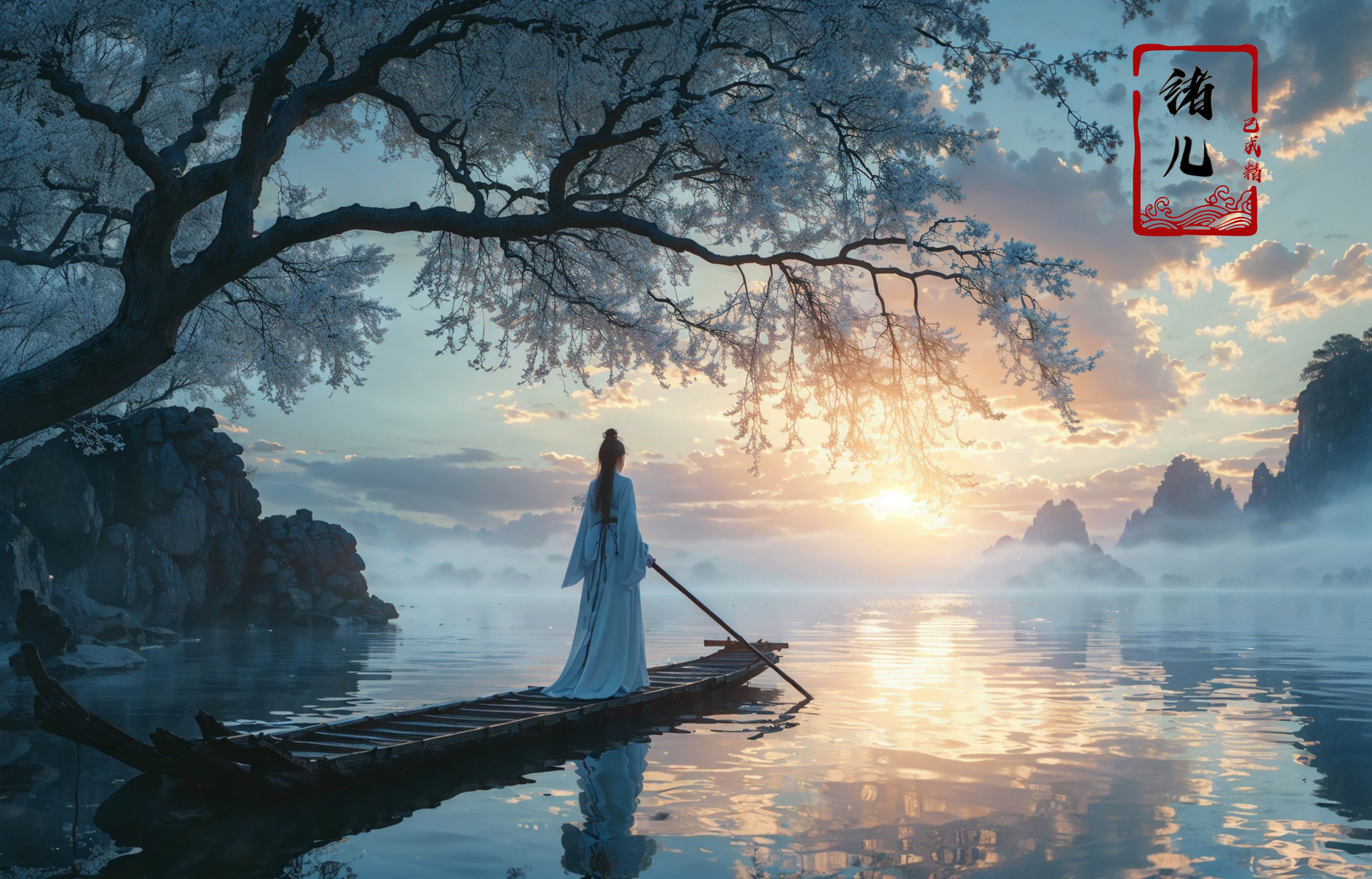 Arafed woman in a white dress on a boat in the water - SeaArt AI