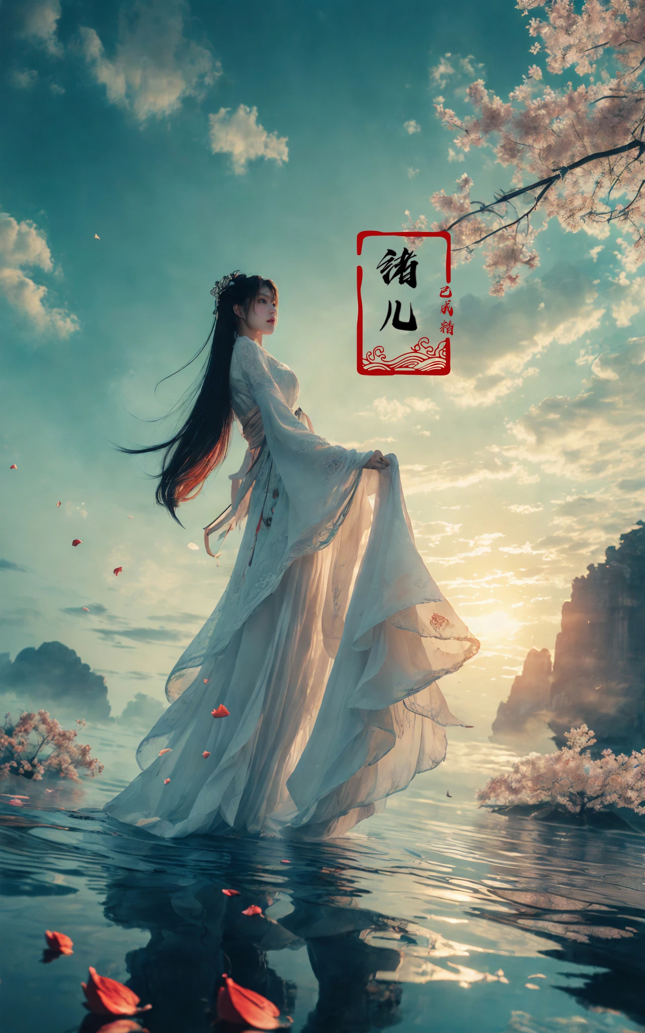 ((masterpiece))), (((best quality))), ((super detailed)), (highly detailed computer illustration), ((extremely delicate and beautiful)),cinematic light, Dynamic Angle, Perspective, High Point,pov (from below:1.4),
1girl, solo, white hair, hair ornament, wide sleeves,  fog, outdoors, reflection, white pants, sky, cloud, blue, green, cyan, long raft with,  (Real waterRealistic waterflowing water:1.1)ripplessheath, holding,
A shot with tension(sky glows red,Visual impact,giving the poster a dynamic and visually striking appearance:1.2),Chinese Zen style,impactful picture,  (Scattered petal:1.5)
<lora:~Q?-z{O long raft with:0.8>absurdly long hair,