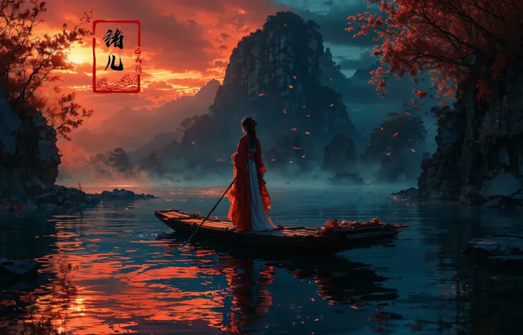 ((masterpiece))), (((best quality))), ((super detailed)), (highly detailed computer illustration), ((extremely delicate and beautiful)),  long raft with,
1girl, watercraft, boat, scenery, solo, water, outdoors, tree, sky, cloud, black hair, standing, long hair, holding, sunset, leaf, autumn leaves, reflection, japanese clothes, river,
(Real waterRealistic waterflowing water:1.0)ripples
<lora:~Q?-z{O long raft with:0.8>