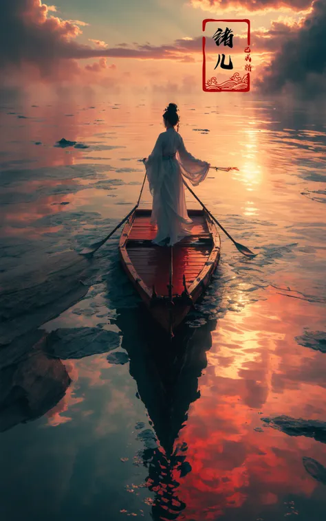 ((masterpiece))), (((best quality))), ((super detailed)), (highly detailed computer illustration), ((extremely delicate and beautiful)),cinematic light, Dynamic Angle, Perspective, High Point,pov(from above:1.4),
1girl, solo, white hair, hair ornament, wide sleeves,  fog, outdoors, reflection, white pants, sky, cloud, blue, green, cyan, long raft with,  (Real waterRealistic waterflowing water:1.1)ripplessheath, holding,
A shot with tension(sky glows red,Visual impact,giving the poster a dynamic and visually striking appearance:1.2),Chinese Zen style,impactful picture,
<lora:~Q?-z{O long raft with:0.8>