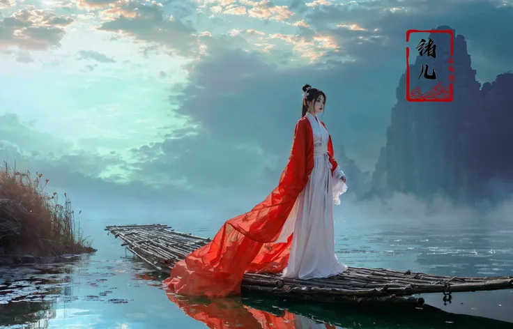 ((masterpiece))), (((best quality))), ((super detailed)), (highly detailed computer illustration), ((extremely delicate and beautiful)),  long raft with,
1girl, solo, black hair, outdoors, scenery, red hanfu, holding, chinese clothes, hair ornament, wide sleeves, cloud, standing, sky,
(Real waterRealistic waterflowing water:1.0)ripples
<lora:~Q?-z{O long raft with:0.8>