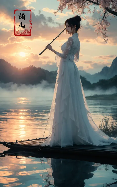 ((masterpiece))), (((best quality))), ((super detailed)), (highly detailed computer illustration), ((extremely delicate and beautiful)),cinematic light,
long raft with1girl, tree, solo, water, instrument, sitting, outdoors, black hair, chinese clothes, dress, white dress, hair bun, reflection, sky, scenery, holding, playing instrument, short hair, flute, ripples, branch, day
<lora:~Q?-z{O long raft with:0.7>