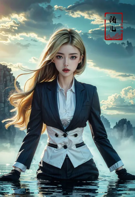 ((masterpiece))), (((best quality))), ((super detailed)), (highly detailed computer illustration), ((extremely delicate and beautiful)),cinematic light, Dynamic Angle, Perspective, High Point,pov
1girl, solo, fog, outdoors, reflection, white pants, sky, cloud, blue, green, cyan,
She stands confidently in the center of the poster, wearing a stylish and edgy outfit, with a determined expression on her face,   The background is dark and gritty, with a sense of danger and intensity, The text is bold and attention-grabbing, with a catchy tagline that adds to the overall feeling of drama and excitement
(blonde hair:1.1)Modelesque, Pinstripe Suit,
<lora:~Q?-z{O long raft with:0.8>