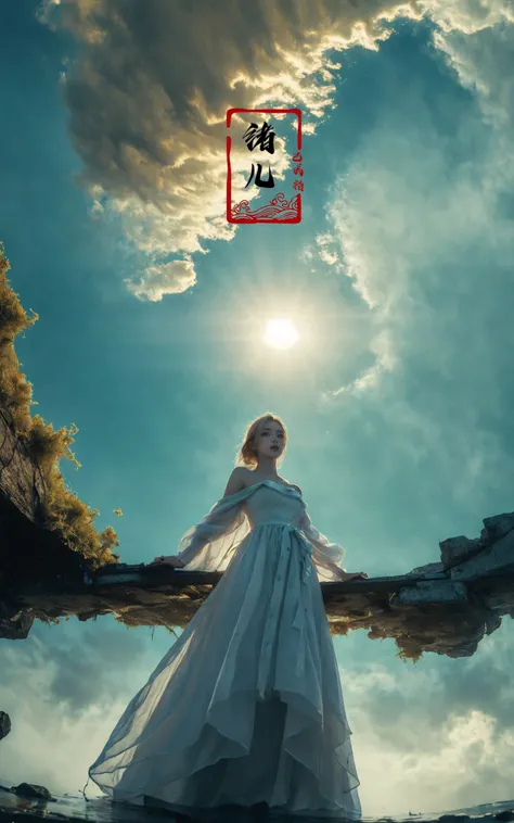 ((masterpiece))), (((best quality))), ((super detailed)), (highly detailed computer illustration), ((extremely delicate and beautiful)),cinematic light, Dynamic Angle, Perspective, High Point,pov(from below:1.4),
1girl, solo, fog, outdoors, reflection, white pants, sky, cloud, blue, green, cyan,
She stands confidently in the center of the poster, wearing a stylish and edgy outfit, with a determined expression on her face,   The background is dark and gritty, with a sense of danger and intensity, The text is bold and attention-grabbing, with a catchy tagline that adds to the overall feeling of drama and excitement
(blonde hair:1.1)off-the-shoulder dress,
<lora:~Q?-z{O long raft with:0.8>
