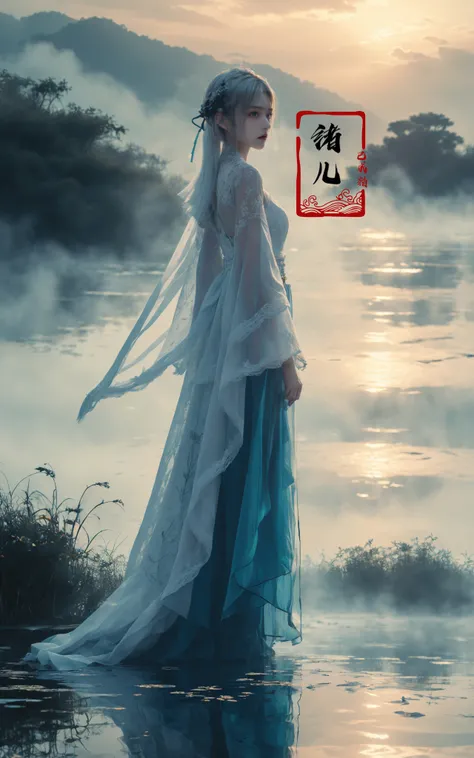 ((masterpiece))), (((best quality))), ((super detailed)), (highly detailed computer illustration), ((extremely delicate and beautiful)),cinematic light,
1girl, solo, white hair, hair ornament, wide sleeves, fog, outdoors, reflection, white pants, sky, cloud,
<lora:~Q?-z{O long raft with:0.8>