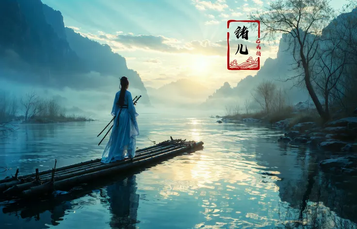 ((masterpiece))), (((best quality))), ((super detailed)), (highly detailed computer illustration), ((extremely delicate and beautiful)),  long raft with,(
sword, weapon, tree, solo, scenery, outdoors, sky, long hair, water, cloud, mountain, 1girl, sheath, reflection, sheathed, standing, sun, black hair, from behind, river
(Real waterRealistic waterflowing water:1.0)ripples
<lora:~Q?-z{O long raft with:0.8>