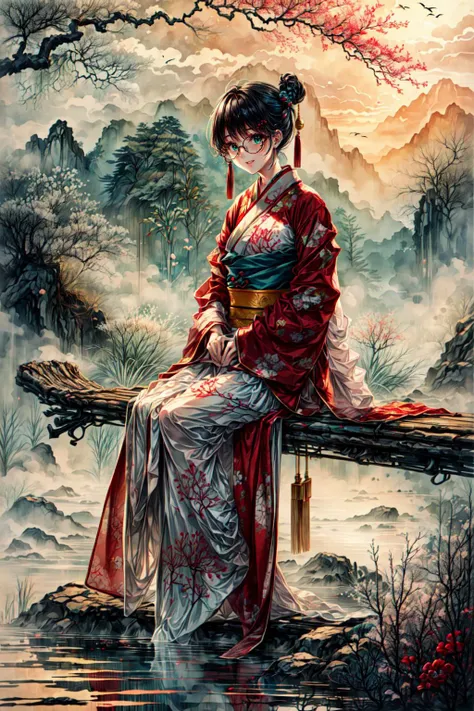<lora:long raft with_20231225022006:0.85>, (long raft with):1.2, alluring smile, soft light, light on face, sexy posture, cinematic lighting,
BREAK((solo, 1woman, adorable, cute , clear face), (full body:1.35), dynamic angle, detailed shadow, detailed lightning, (wide view, wide-angle lens)),
BREAK(( hair ornament, (Chinese clothes, Chinese dress, hanfu, long sleeves , a woman wearing a sliver glasses):1.15)),
BREAK(perfect(anatomy,body,face,hand,leg,foot,finger),(aqua eyes, (multicolor light sliver black hairs), very long hairs, drill hair):1.2, cleavage),
BREAK(beautiful detailed woman, glossy pink lips, (milky skin, shiny skin):1.2, makeup, blush,eyeliner, eyeshadow, eyelashes,)
BREAK(<lora:more_details:0.75>, extremely detailed, CG, 8k Amazing, finely detail, (masterpiece:2.0, best quality), (intricate details, depth of field)),
BREAK((<lora:uber_saggy2:0.6>, saggy, sagging_breasts, gigantic breasts)),
outdoors, sitting, river , facing away, scenery, mountain, sky , cloudy ,