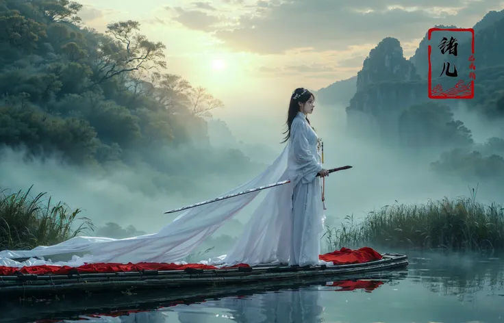 ((masterpiece))), (((best quality))), ((super detailed)), (highly detailed computer illustration), ((extremely delicate and beautiful)),  long raft with,
1girl, weapon, solo, sword, black hair, long hair, holding, outdoors, reflection, holding weapon, chinese clothes, holding sword, cloud, mountain, standing, hanfu, grass, tree, profile, sky, water,
(Real waterRealistic waterflowing water:1.0)ripples
<lora:~Q?-z{O long raft with:0.8>