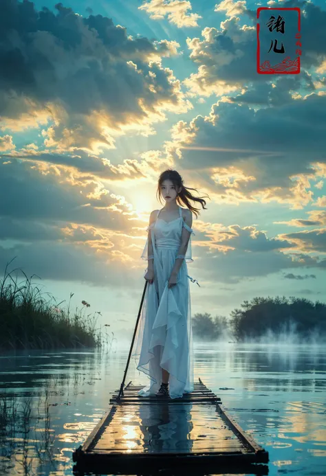 ((masterpiece))), (((best quality))), ((super detailed)), (highly detailed computer illustration), ((extremely delicate and beautiful)),cinematic light, Dynamic Angle, Perspective, High Point,pov
long raft with,1girl, solo, fog, outdoors, reflection, white pants, sky, cloud, blue, green, cyan,
She stands confidently in the center of the poster, wearing a stylish and edgy outfit, with a determined expression on her face,   The background is dark and gritty, with a sense of danger and intensity, The text is bold and attention-grabbing, with a catchy tagline that adds to the overall feeling of drama and excitement
(blonde hair:1.1)Sundress,
<lora:~Q?-z{O long raft with:0.8>