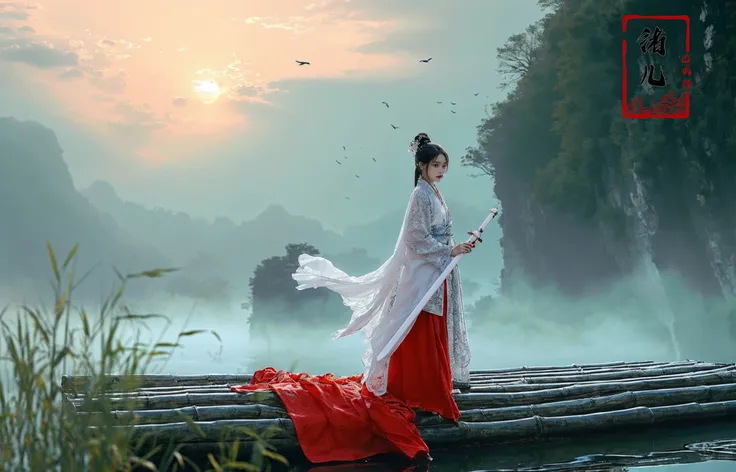 ((masterpiece))), (((best quality))), ((super detailed)), (highly detailed computer illustration), ((extremely delicate and beautiful)),  long raft with,
1girl, sword, weapon, solo, black hair, bird, outdoors, grass, scenery, tree, crane (animal), hanfu, holding, chinese clothes, hair ornament, wide sleeves, sun, sheath, cloud, standing, sky, holding weapon, holding swo,
(Real waterRealistic waterflowing water:1.0)ripples
<lora:~Q?-z{O long raft with:0.8>