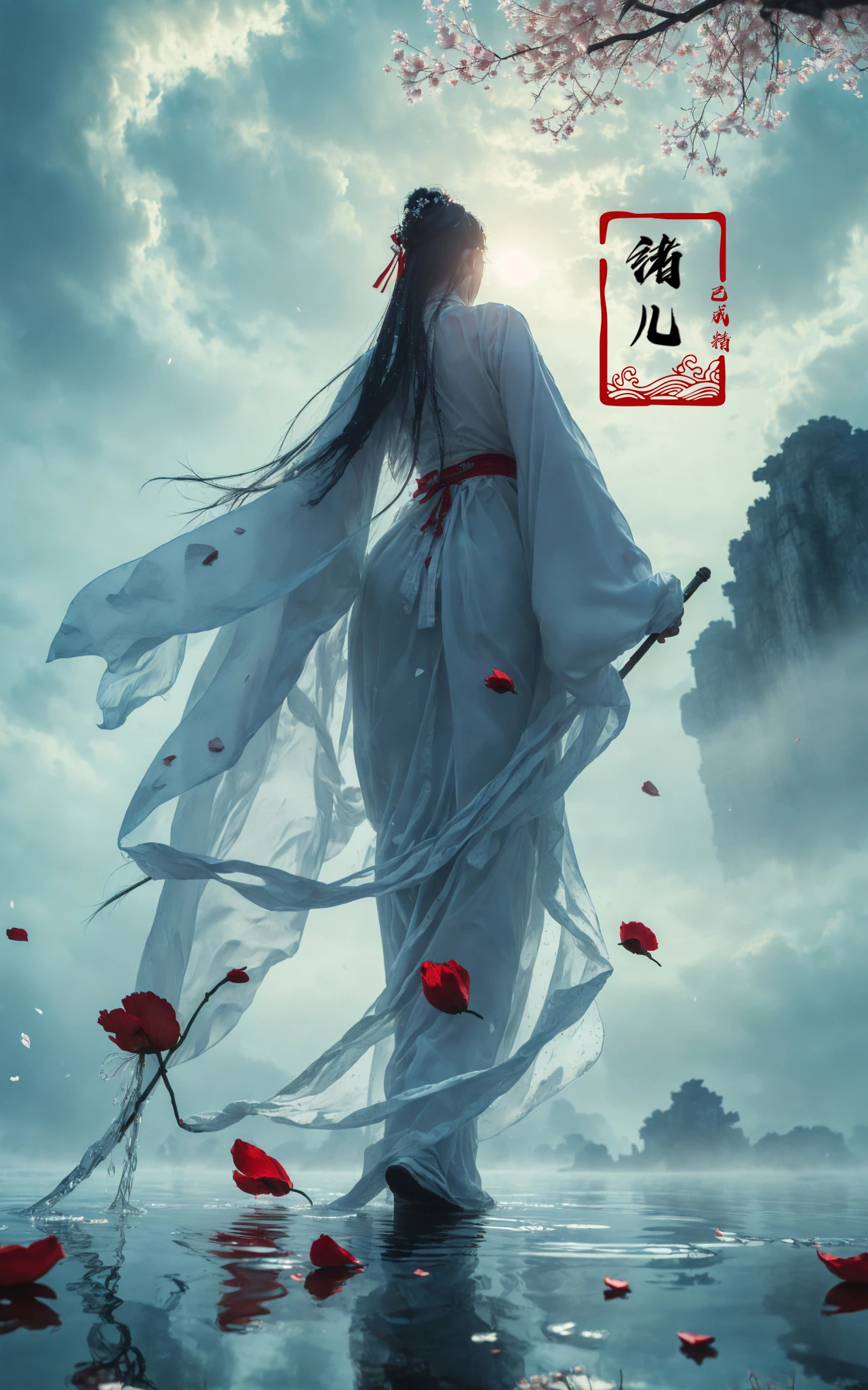 ((masterpiece))), (((best quality))), ((super detailed)), (highly detailed computer illustration), ((extremely delicate and beautiful)),cinematic light, Dynamic Angle, Perspective, High Point,pov (from below:1.4),
1girl, solo, white hair, hair ornament, wide sleeves,  fog, outdoors, reflection, white pants, sky, cloud, blue, green, cyan, long raft with,  (Real waterRealistic waterflowing water:1.1)ripplessheath, holding,
A shot with tension(sky glows red,Visual impact,giving the poster a dynamic and visually striking appearance:1.2),Chinese Zen style,impactful picture,  (Scattered petal:1.5)
<lora:~Q?-z{O long raft with:0.8>absurdly long hair,