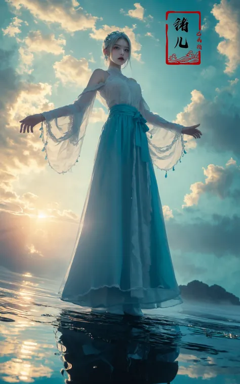 ((masterpiece))), (((best quality))), ((super detailed)), (highly detailed computer illustration), ((extremely delicate and beautiful)),cinematic light, Dynamic Angle, Perspective, High Point,pov(from below:1.4),
1girl, solo, white hair, hair ornament, wide sleeves,  fog, outdoors, reflection, white pants, sky, cloud, blue, green, cyan,
<lora:~Q?-z{O long raft with:0.8>