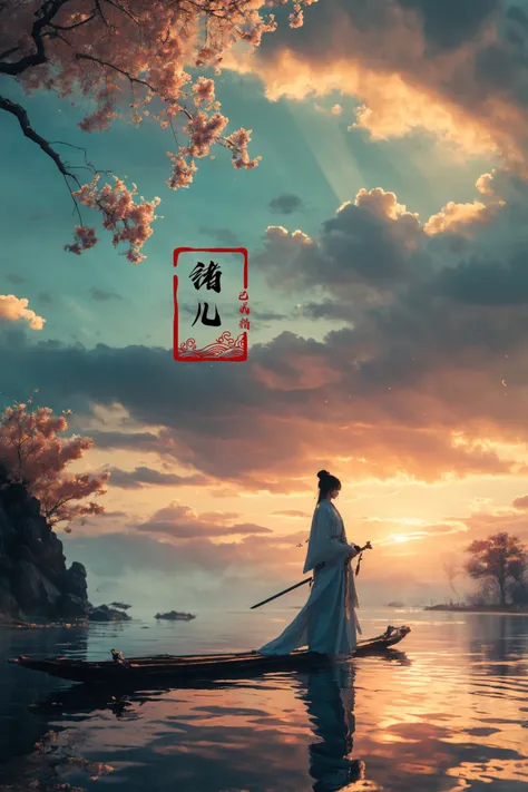 ((masterpiece))), (((best quality))), ((super detailed)), (highly detailed computer illustration), ((extremely delicate and beautiful)),cinematic light,
long raft withcloud, sky, solo, weapon, outdoors, sword, tree, japanese clothes, holding, black hair, scenery, 1boy, cloudy sky, water, reflection, hair bun, holding weapon, standing, male focus, holding sword, single hair bun, kimo
<lora:~Q?-z{O long raft with:0.8>