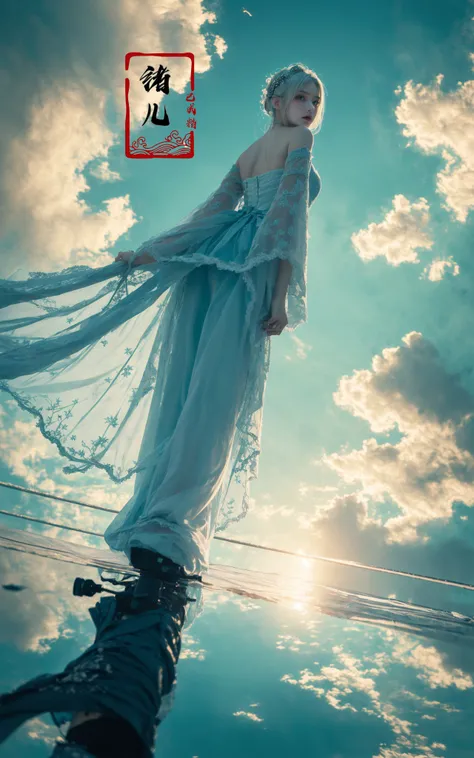 ((masterpiece))), (((best quality))), ((super detailed)), (highly detailed computer illustration), ((extremely delicate and beautiful)),cinematic light, Dynamic Angle, Perspective, High Point,pov(from below:1.4),
1girl, solo, white hair, hair ornament, wide sleeves,  fog, outdoors, reflection, white pants, sky, cloud, blue, green, cyan,
<lora:~Q?-z{O long raft with:0.8>
