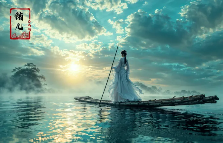 ((masterpiece))), (((best quality))), ((super detailed)), (highly detailed computer illustration), ((extremely delicate and beautiful)),  long raft with,
cloud, sky, solo, water, outdoors, 1girl, black hair, scenery, ocean, cloudy sky, holding, standing, chinese clothes, polearm, sun, robe, weapon, dress, day, reflection, sunlight,
(Real waterRealistic waterflowing water:1.0)ripples
<lora:~Q?-z{O long raft with:0.8>