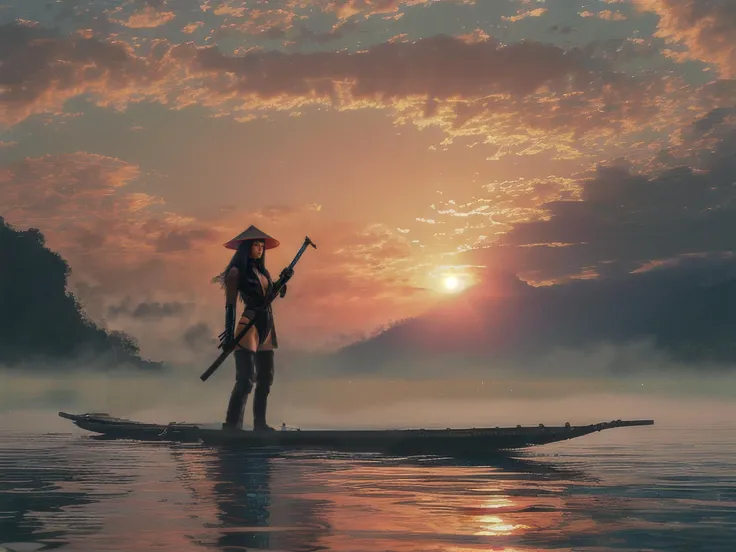 ((masterpiece))), (((best quality))), ((super detailed)), (highly detailed computer illustration), ((extremely delicate and beautiful)), long raft with, cloud, sky, solo, water, outdoors, 1girl, samurai, katana, hat, swimsuit, belts, Wellingtons, insane details, swimsuit , <lora:绪å¿-竹ç long raft with:0.8> swimsuit